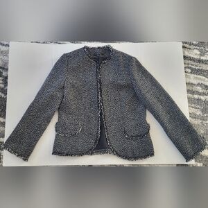 S & D Women's Size M Black White Tweed Jacket Blazer Fringe Career Work Chic